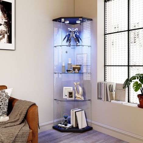 Vitrine d'Angle en Verre Trempé avec Lumière LED RGB - Vitrine en Verre 4 Niveaux avec Serrure et Télécommande pour Figurines, Modèles et Livres - 60x42,5x162cm - Noir (1/5)