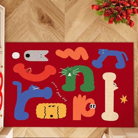 Oursons en gélatine mignons pour animaux de compagnie, base rouge, 40 x 60 cm, cercle en soie Tapis d'entrée à motifs de dessins animés, résistant aux taches et facile à nettoyer, tapis en soie bouclé (1/5)