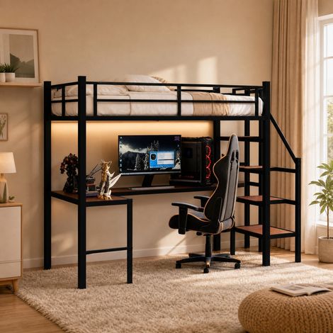 Letto a soppalco con scrivania a L 197x98x175.5 cm, con scaffali, scala con vani portaoggetti, ferro nero (1/5)