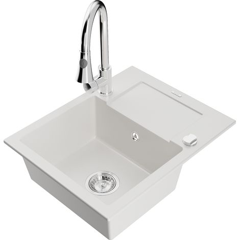 Mexen Enzo fregadero de granito de 1 seno con escurridor y grifo de cocina Elia, blanco - 6506-20-670101-00 (1/5)