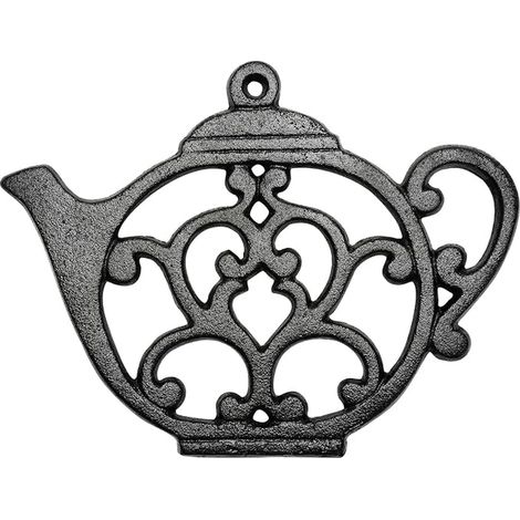 Cast Iron Trivet for Kitchen Dining Table 8x6 inch with Pretty Vintage Teapot Pattern Black (1/4)