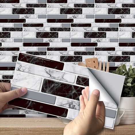 Autocollants muraux en carrelage auto-adhésifs, imperméables, imitation carrelage ciment 3D, en PVC, compatibles avec la cuisine, la salle de bain et le salon, 20 x 10 cm, 27 pièces (noir, blanc, gris (1/5)