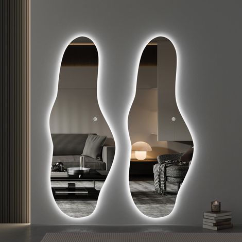 Asymmetrischer Ganzkörperspiegel mit Beleuchtung 60x165cm, LED Ganzkörperspiegel mit 3 Lichtfarbe Dimmbar, Standspiegel mit Touch-Schalter für Schlafzimmer, Wohnzimmer und Eingangsbereich