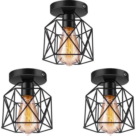 U-Do 3Pcs Plafonnier Carré Noir Lampe de Plafonde Cage en Fer design Vintage décoration pour Salon Couloir (1/4)