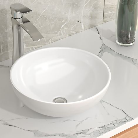 Geworzi Vasque à poser ronde en céramique blanche 33 cm – Résistante aux rayures et taches – Installation au-dessus du comptoir (1/5)
