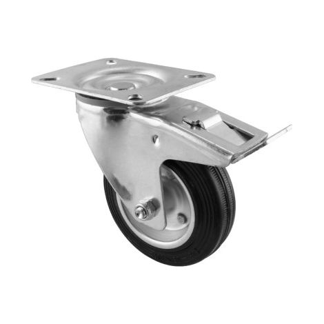 Schwarze Lenkrolle aus Gummi mit Basis und Bremse – 80 mm/80 kg, INTHER. (1/5)