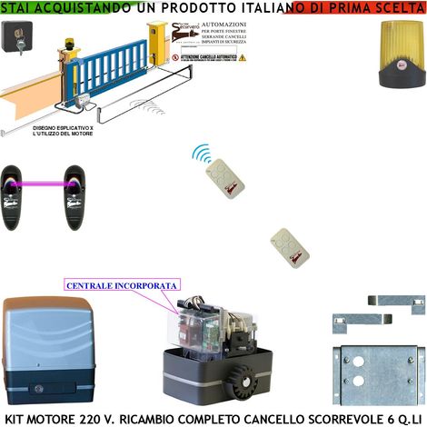 Motore 230 V Con Centrale per Cancello Scorrevole Traina 6 Q.li 2 Radiocomandi Faro Selettore Coppia Fotocellule Pignone Acciaio M4 Z12 Fine Corsa Elettromeccanico Ricambio Universale Altre Marche CE (1/4)