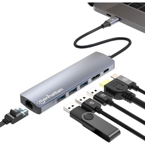 Manhattan 153959 replicatore di porte e docking station per laptop Cablato USB 3.2 Gen 1 [3.1 Gen 1] Type-C Argento (USB-C DOCK/HUB 6-PORT- - ENET/HDMI/USB-A[X3]/USB-C/PD100) (1/5)