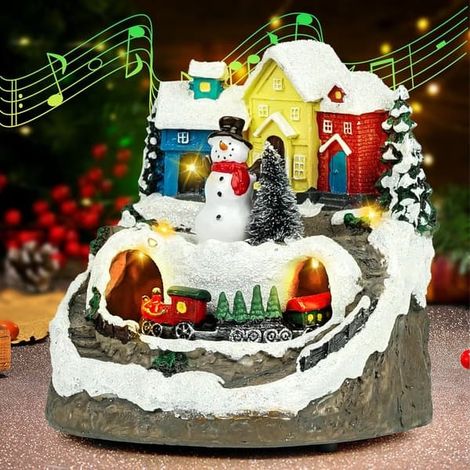 Boîte à musique lumineuse Village de Noël, Train tournant Montagne enneigée, Bonhomme de neige miniature, Collection de décorations de Noël pour la maison (1/5)