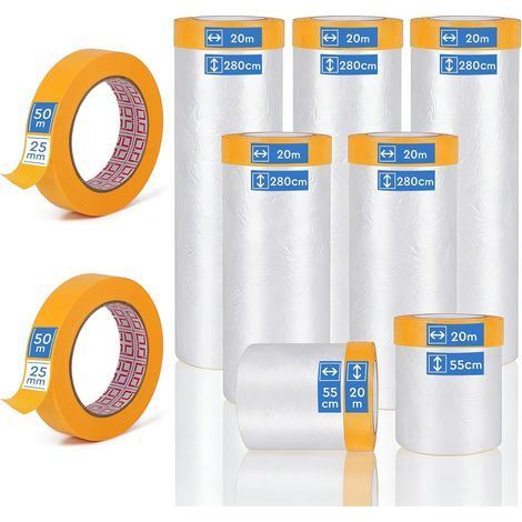 7 Rouleaux de Bache Protection Peinture avec Ruban Masquage Adhésif 280 cm x 20 m x 3, 150 cm x 20 m x 2, 55 cm x 20 m x 2 de Film de Masquage et 2 Masking Tape 25 mm x 50 m (1/5)
