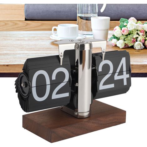 Vintage Klappwecker, Automatik, 24 Stunden, Sockel aus Walnussholz, Edelstahl – Retro-Digitalanzeige für Büro und Zuhause