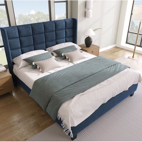 Cama tapizada 140/200 cm azul de lino con cabecero acolchado y somier (1/5)
