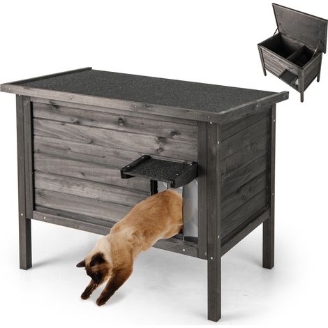Maison pour Chat d'Extérieur Isolée, Abri pour Chat en Bois avec Isolation en Polystyrène, Double Chambre, Toit en Asphalte Ouvrable, pour Chatons (1/5)