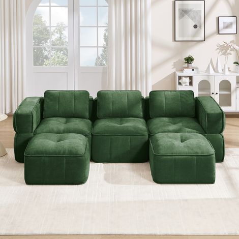 Divano modulare a U 3 posti con 2 pouf, senza montaggio, tessuto poliestere, verde DESVIAE (1/5)