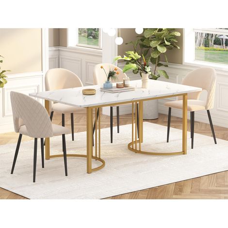 Modernluxe – Table de salle à manger rectangulaire 140x80cm – Pieds réglables en métal – Placage marbre blanc et doré – Stabilité sur sols inégaux