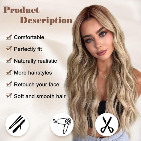 Luxuriöse Ombré-Blondperücke für Damen – 66 cm – Natürliche Wellen – Realistischer Spitzenansatz – Hitzebeständiges Kunsthaar – Braun-Blond-Verlauf – Gewellte Perücke (1/5)