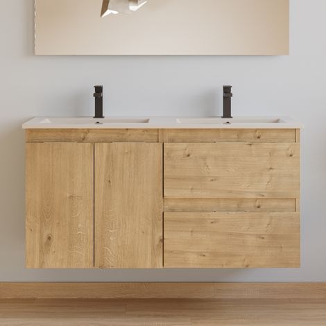 Meuble de salle de bain 120cm double vasque - 2 portes et 2 tiroirs - sans miroir - roble nudos (chêne clair) - ROSIE