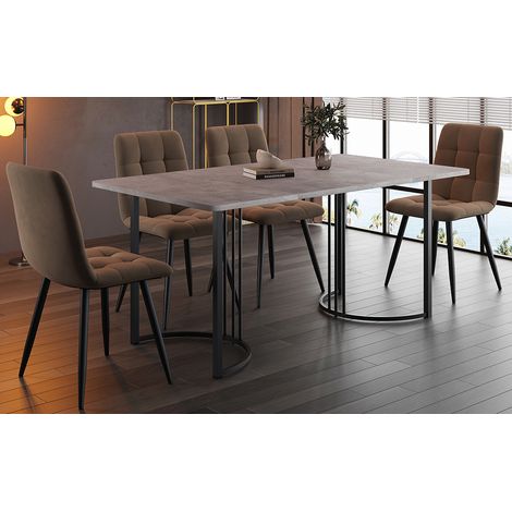 Ensemble salle à manger 5 pièces table 140×80 cm pieds métal noir plateau MDF gris,chaises en velours marron. (1/5)