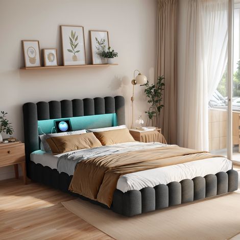 Lit coffre 160 x 200 cm, lit 160x200 avec sommier, avec port USB et LED, lit double, Lit Rembourré, cadre de lit, Lin, Gris (1/5)