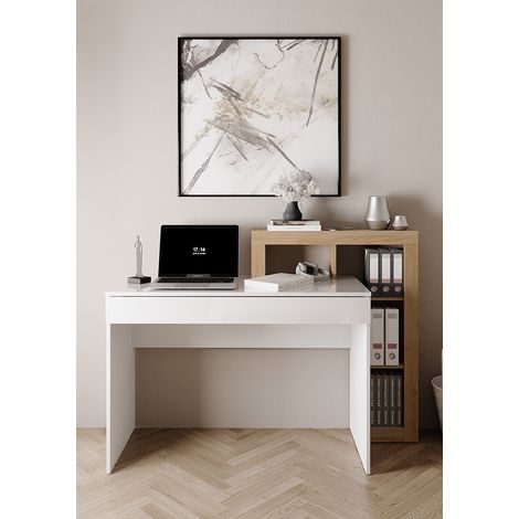 Bureau droit moderne blanc laqué brillant/chêne Dortmund