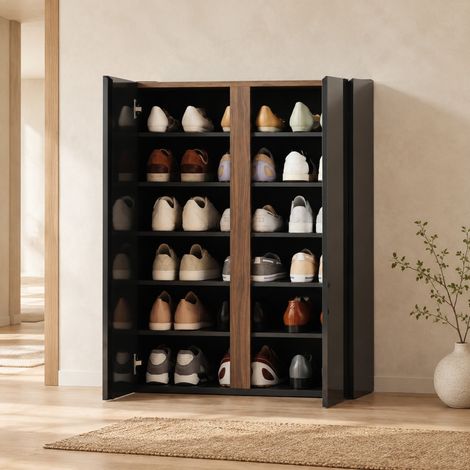 Scarpiera 108,5 × 47,5 × 22,5 cm nera lucida con 6 livelli e chiusura ammortizzata (1/5)