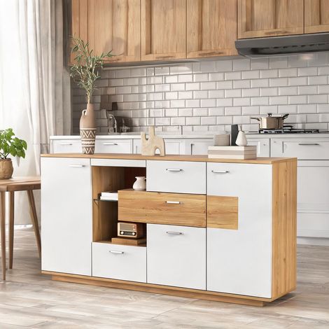 Buffet bas moderne avec LED 2 portes et 4 tiroirs natural en MDF (1/5)