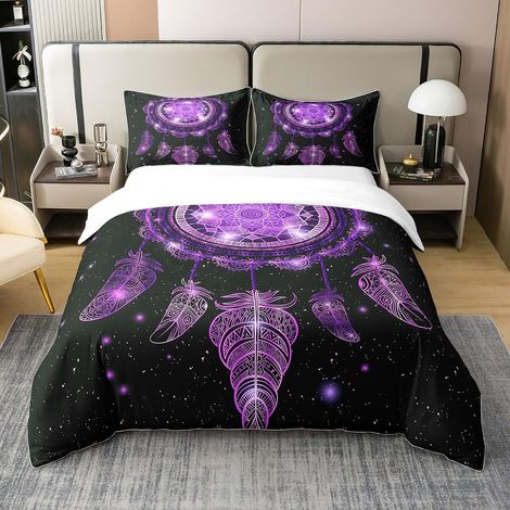 Parure de lit Galaxie Attrapeur de rêves Univers Galaxie Ciel étoilé Housse de Couette 140x200cm 100% Coton Bohème Tribal Parure de lit Boho Plume avec 1 taie d'oreiller, Violet - 140 x 200 cm + 1 tai (1/5)