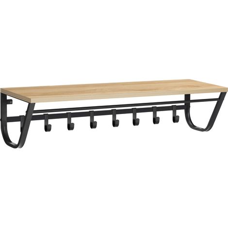 Porte-Manteau Mural avec Etagère de Rangement, Tringle et 8 Crochets, Style Industriel Vintage, Cadre en métal Noir, pour Entrée, Couloir, Chambre, Salle de Bains, Salon - Couleur Chêne clair (1/5)