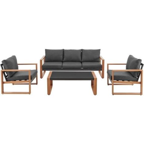 Salon de jardin aluminium effet bois 5 places – Résistant aux intempéries – Coussins gris foncé inclus – Design contemporain