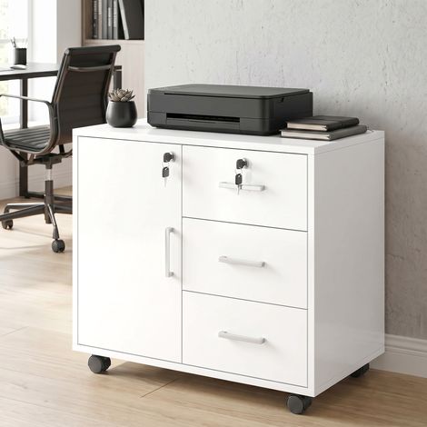 Caisson bureau meuble de rangement verrouillable avec 3 tiroirs et étagère réglable, roulettes, 40 x 60 x 56 cm, blanc (1/5)
