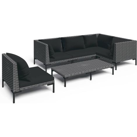 6 PCS conj. Garden Lounge con cojines de mimbre gris oscuro (1/5)