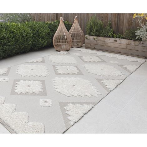 Outdoor Natural Cream Rug Tribal Geometric for Garden, Patio, Trellis, Balcony, Picnic, Backyard, Living Room Premium Monty Rug in Small 80x150 cm (2'6"x5')