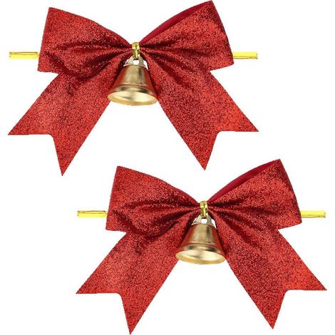 2 Pièces paillettes nœuds décoratifs avec cloche, pré noué ruban, pour cadeau emballage couronne décoration de sapin,Rouge (1/5)