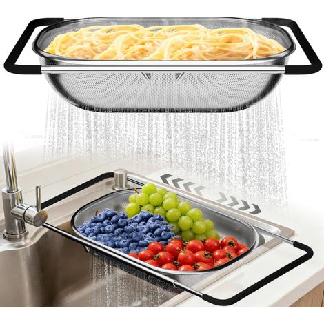 Passoire d'évier rétractable à mailles fines, poignée en caoutchouc, panier passoire pour légumes, fruits et pâtes, accessoire pratique pour votre cuisine (1/5)