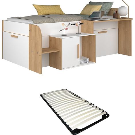 Lit combiné 90 x 200 cm avec bureau et rangements - Coloris : Blanc et naturel + Sommier - PEDRO