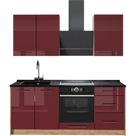 Cucina monoblocco Fame-Line, Bordeaux lucido/Rovere dorato, 190 cm, PL Antracite, Vicco (1/5)