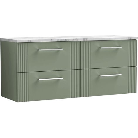 Nuie Deco Wall Hung 4-Drawer Vanity Unit with Carrera Marble Worktop 1200mm Wide - Satin Green (1/4)