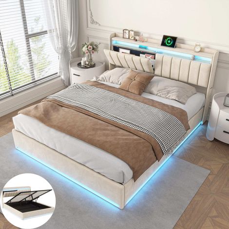 Lit coffre 140x200 avec LED et USB, Lit 140 x 200 avec sommier à lattes, tête de lit Rangement, Lit double rembourré, Velours Beige