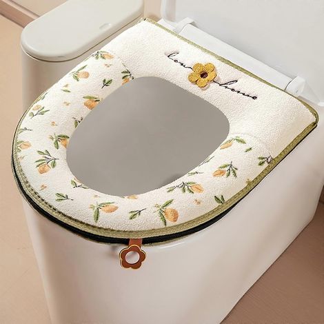 Housse de siège de toilette en peluche douce et enveloppante avec poignée zippée, imperméable et lavable, jaune amande. (1/5)