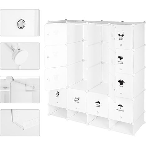 Armoire avec Penderie Modulable 16 Cubes + 4 Cubes Chaussures Armoire en Plastique Meuble Rangement Blanc (1/5)