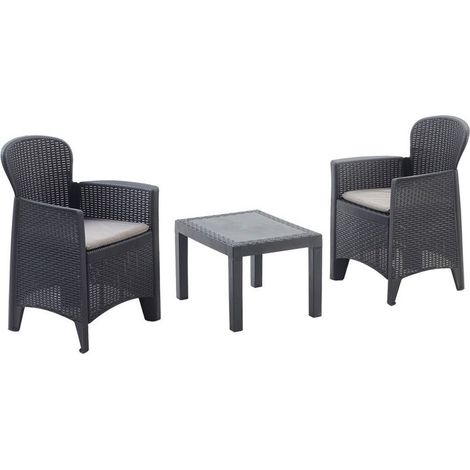 TrAdE Shop Traesio - Set Salotto Con Tavolino 2 Poltrone Antracite Effetto Rattan Con Cuscini Giardino 591042 - (1/5)