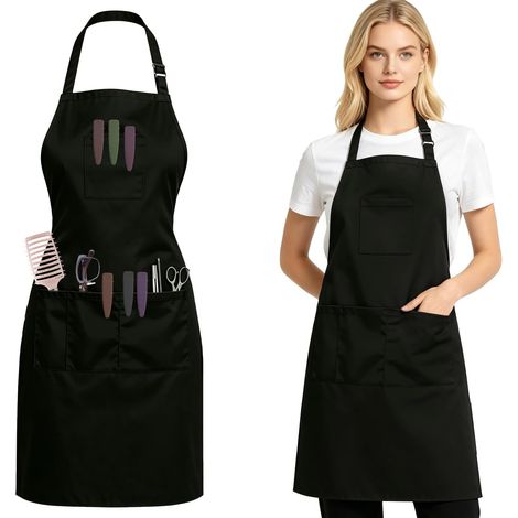 Tablier de Coiffure avec Sangle Réglable, Tablier de Barbier Anti-Cheveux à 4 Poches, Tablier de Cuisine 86 cm Lavable en Machine Noir (1/5)