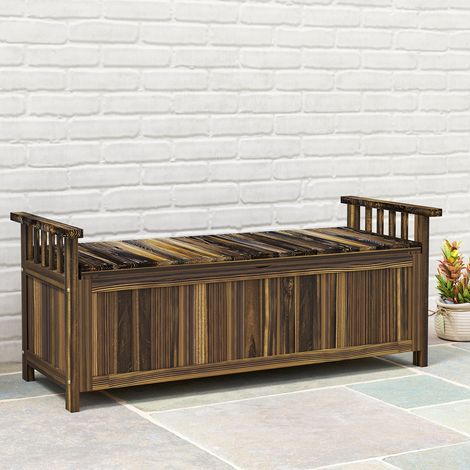 Banc de jardin 2 places en bois, résistant aux intempéries, avec rangement et accoudoirs, 128,5 x 52 x 53,5 cm, finition carbonisée (1/5)
