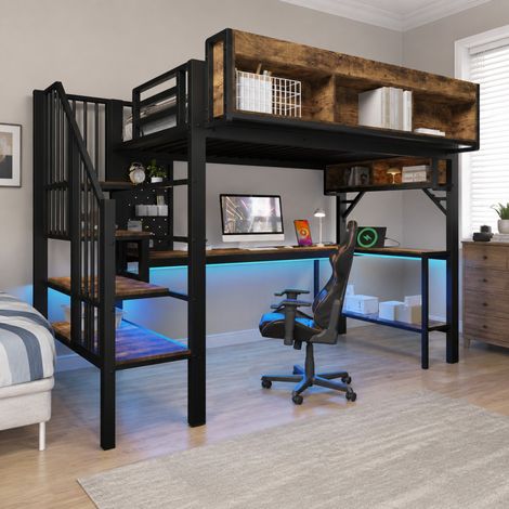 Lit mezzanine 90x200 cm avec bureau d’angle, rangements, panneau perforé, LED, noir et brun vintage (1/5)