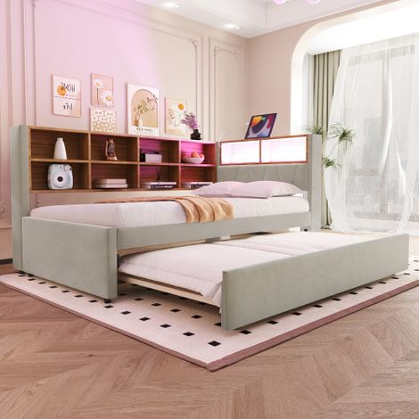 Divano letto 90200, letto estraibile 90190, dotato di luci a LED, prese e numerosi vani portaoggetti, letto imbottito, divano letto multifunzionale, letto singolo, flanella, grigio chiaro. (1/5)