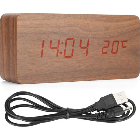 Digitaler LED-Wecker mit intelligenter Klangsteuerung, Holzdesign und USB-Anschluss, ideal für Schreibtisch und Nachttisch. (1/5)