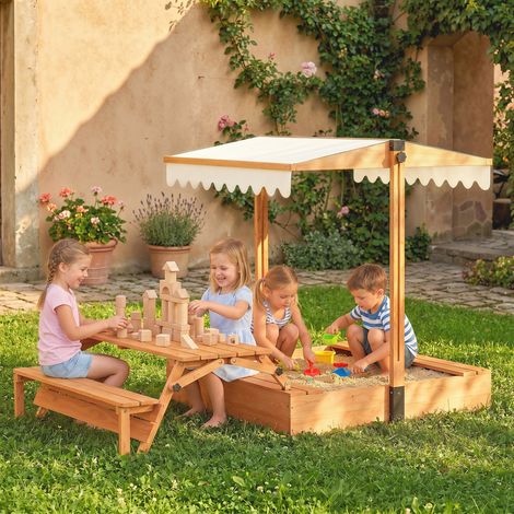 Arenero para Niños de Madera con Toldo Ajustable Mesa de Picnic con Bancos 6 Niños de 3-8 Años 184x110x120 cm Marrón (1/5)