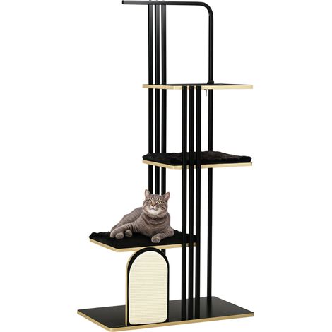 Kratzbaum, Industrial Design, 3 Plattformen, 2 Liegekissen, Kratzwand, Stahlrahmen, schwarz, 85 x 48 x 170 cm