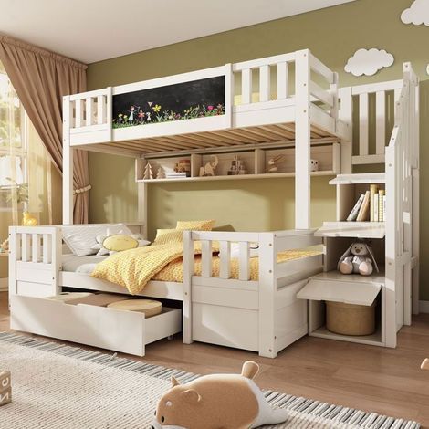 Lit superposé 90/140x200 en bois massif blanc – 3 places avec tiroirs de rangement – Escalier sécurisé et barrière de sécurité