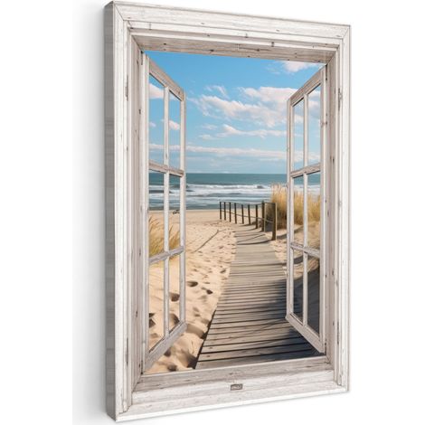 CUADRO EN LIENZO Ventana - Mar - Costa - Naturaleza - vista - Playa - Mar de Wadden Lienzo Para Dormitorios 60x90 cm
